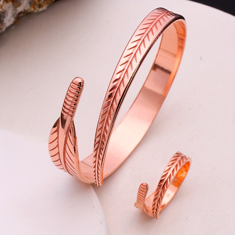 TEMU 2pcs Women's Jewelry Set (1 Bracelet, 1 Ring), Fashionable Jewelry, Feather-shaped Design, Purple Copper Material, Suitable For Casual Attire,
