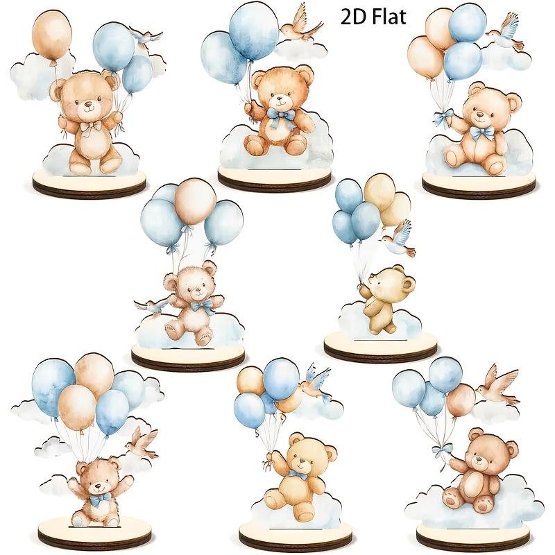 TEMU 2D Plat, 8 stuks Blauwe Teddybeer Tafelborden - Houten Moderne Douches, Feestdecoraties met 2D Platte Teddyberen - Onregelmatige Vorm Tafelstuk