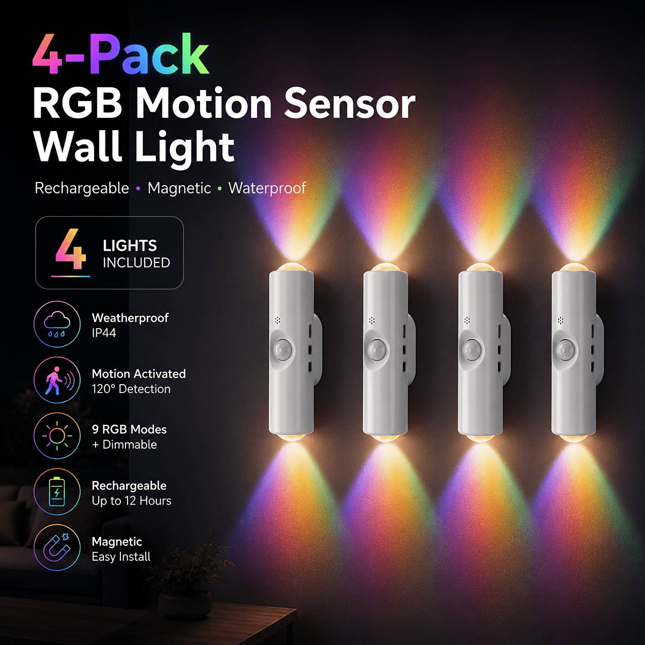 TEMU 4 Pack Rgb Motion Sensor Wall Light, 9 Color With Multi-level Dimming, 120° Wide-angle Sensing, Ip44 Waterproof, Magnetic Mount, Usb Charging,