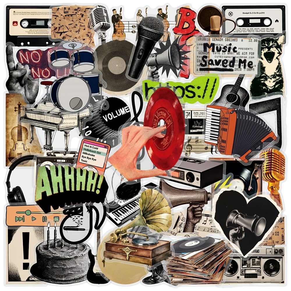 TEMU 50 Feuilles Autocollants Rétro Rock Y2K Musique Graffiti Transparents PET Haute Texture Vélo Étui de Téléphone Valise Décoration de Tasse