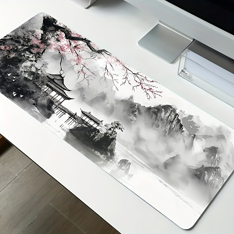 Image of Xl Extended Japanese Watercolor Cherry Mouse Pad & Keyboard Desk Mat With Non-slip Rubber Base - Black & White Japanese Suitable For Office, Home, Gaming, Computer Desk - X 11.8in