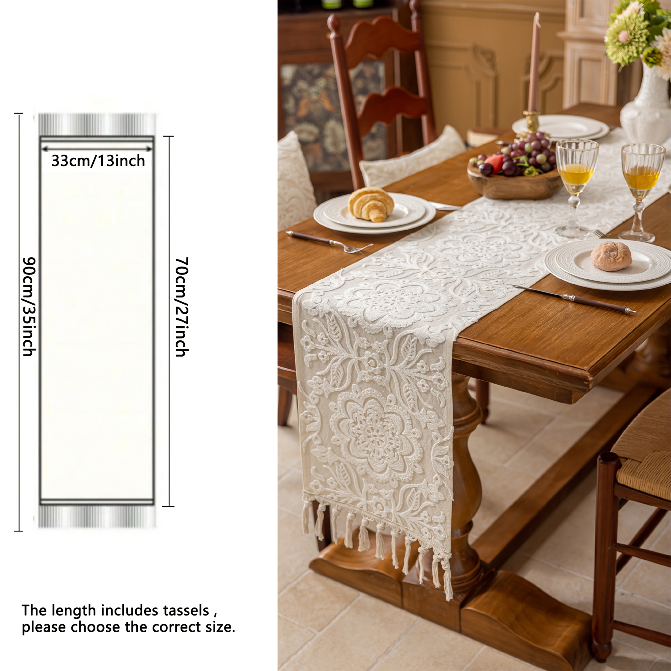 TEMU 1pc Mandala Floral Decor Embroidered Table Runner With Tassels, Suitable For Use, Perfect For Home And Dining Room Decoration, Used Dining Table