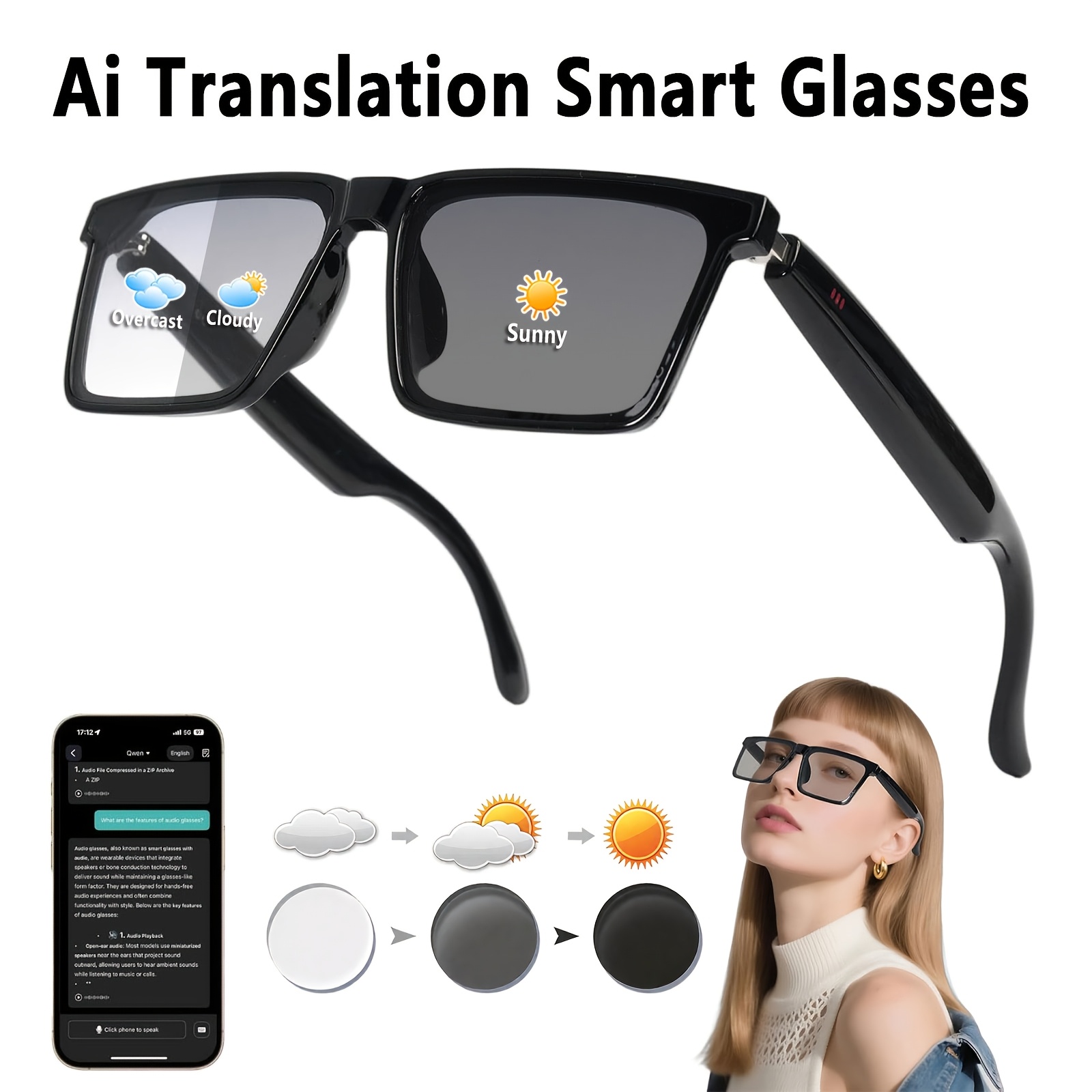   smart glasses with real time translation for 100 languages ai chat system photochromic lenses 5 4 audio glasses suitable for men women built in mic speaker hifi music   for   outdoor