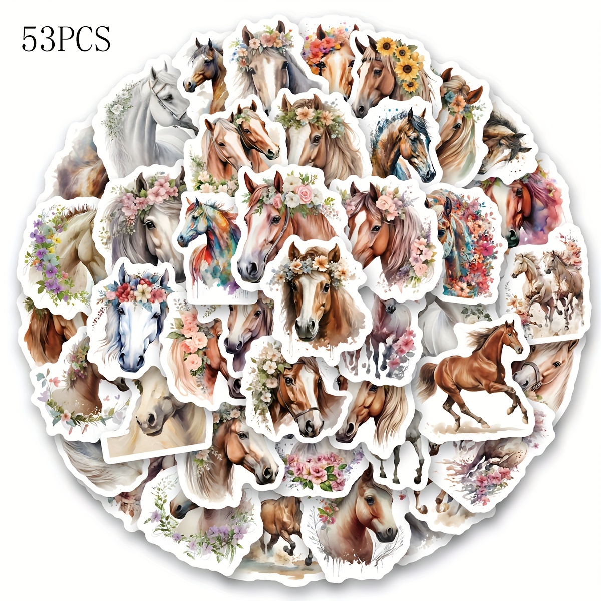 Image of Zxirna 53pcs Floral Horse Vinyl Stickers - Aesthetic Animal And Flower Decals For Scrapbooking, Journaling, Laptops, Bumpers, Skateboards, Water Bottles, Phones, Cars - English Paper Labels