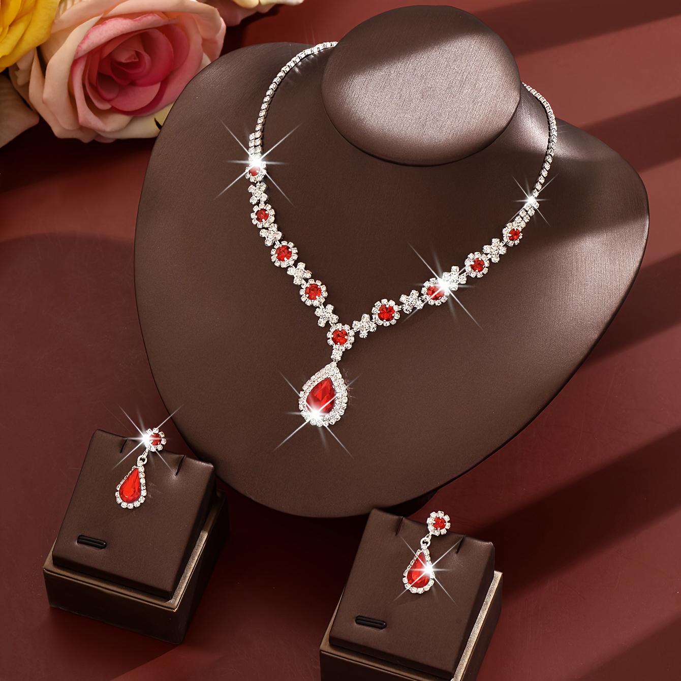 Modieuze 2-delige Ketting en Oorbellen Set, Luxe Strass Waterdruppel Hanger | High-End Sieraden | Party/Banket/Bruiloft Accessoires