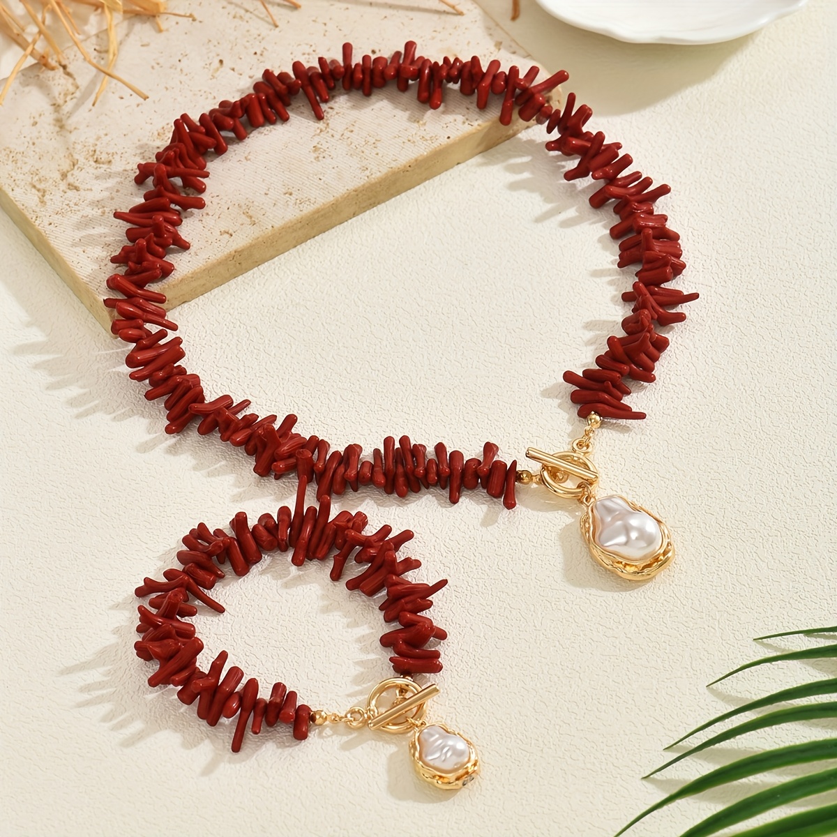 TEMU 2pcs Fashion Coral Baroque Pendant Necklace And Bracelet Bohemian Style Women's Vacation Party Jewelry Gift Set