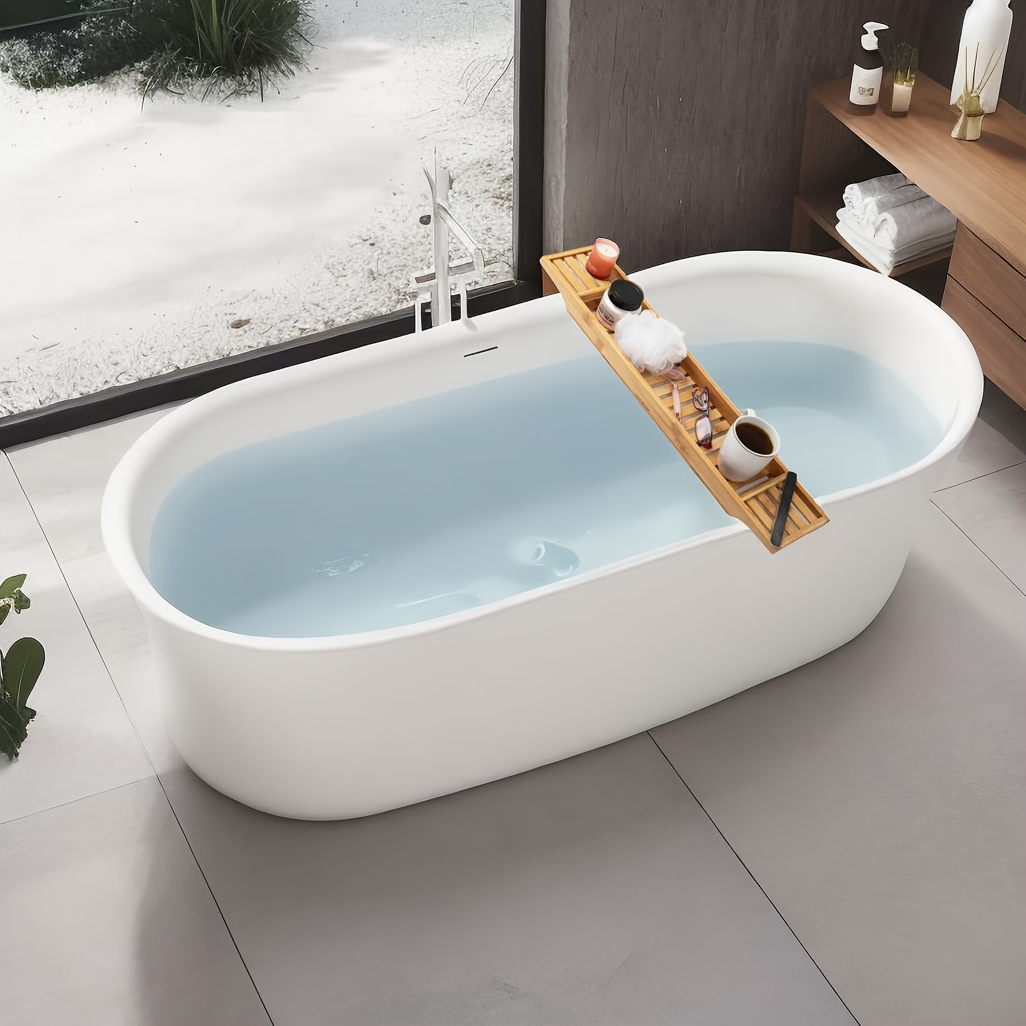Wooden Bathtub Tray, Solid Pattern, Polished Finish, Bathroom Storage Organizer, For Relaxation And , Bathroom Trays