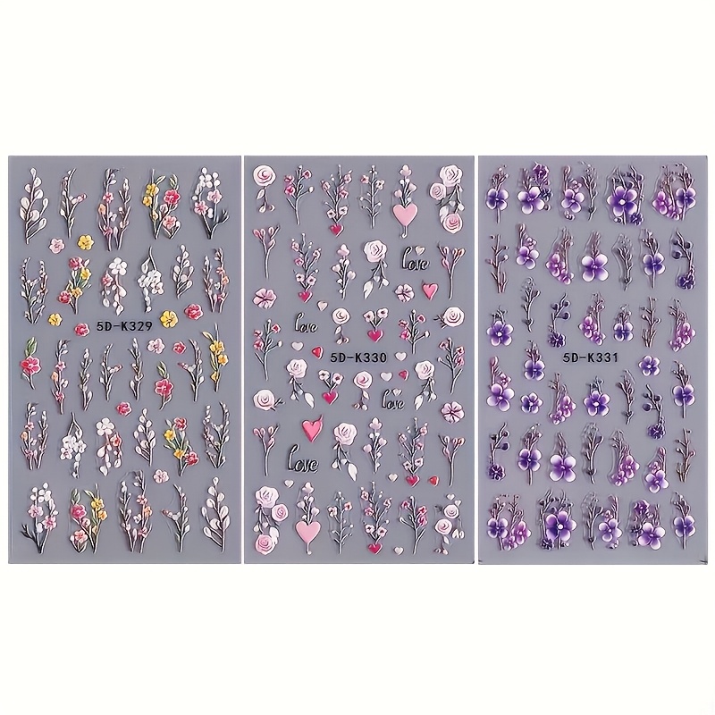 TEMU de Stickers 5D en Relieve para Uñas con Diseño Floral - Rosa, Margarita y , Calcomanías Autoadhesivas Brillantes para Uñas, Colores Vibrantes,