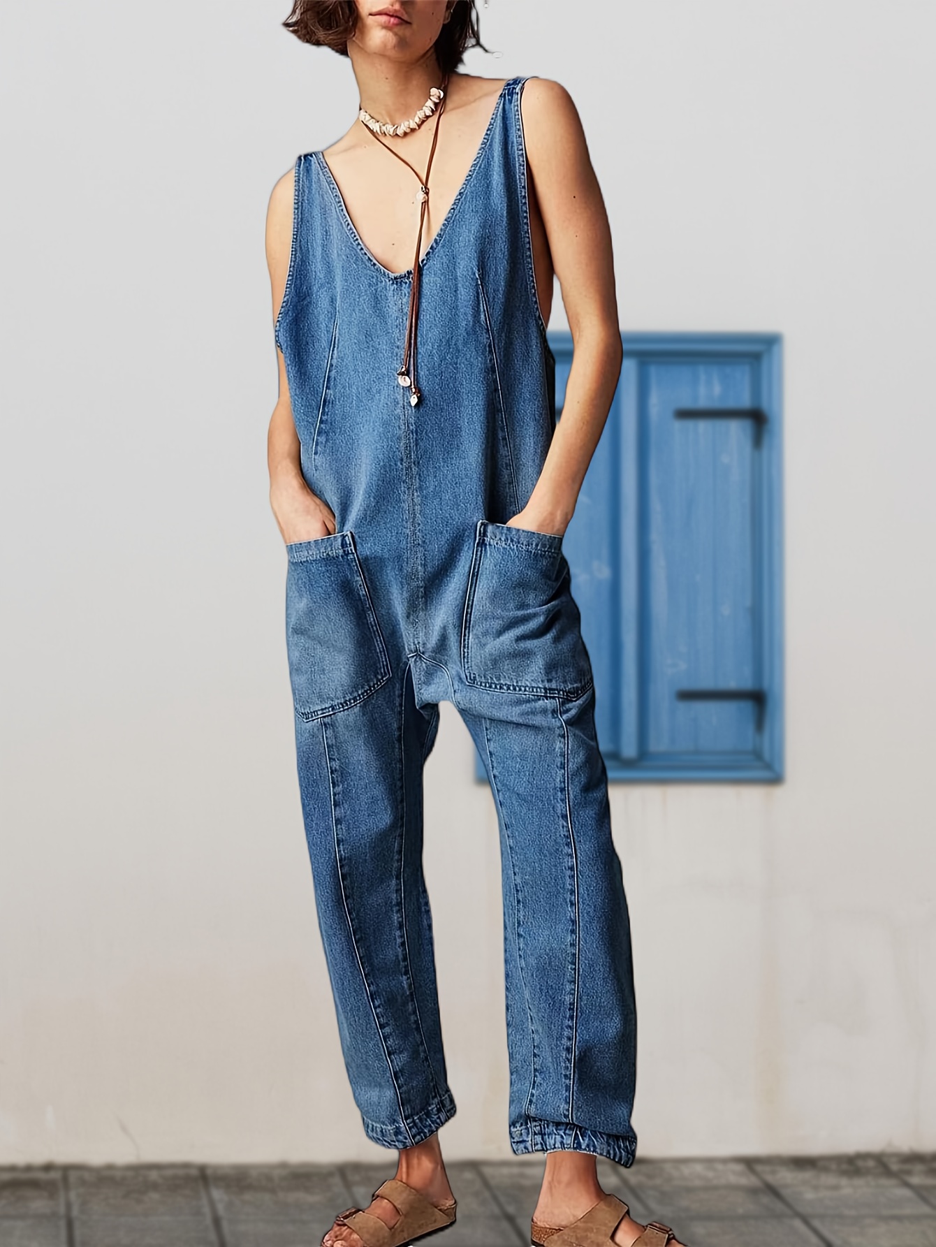 Women'S Fashion Denim Overall Jumpsuit Sleeveless V-Neck With Adjustable  Strap Casual Jeans Romper