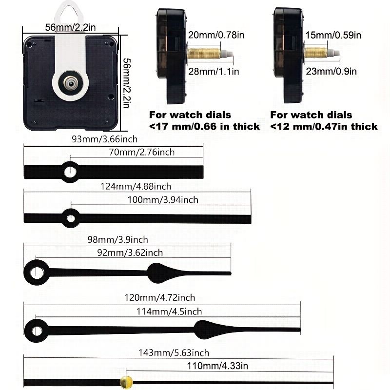 23/28 mm ilgos ašies laikrodžio mechanizmo rinkinys, įskaitant dvi valandų rodyklių poras, tinkamas naujiems laikrodžiams pasidaryti patiems ir senų sieninių laikrodžių mechanizmų remontui/keitimui