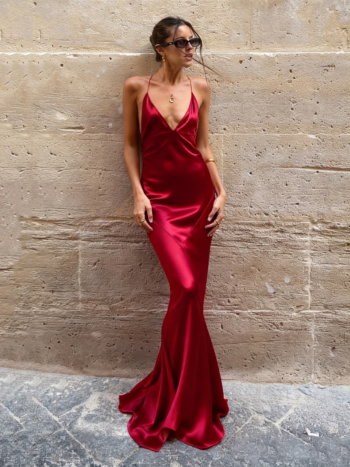 open lace back dress Amoris T815 Elegantly Fitted Satin Formal Gown with Leg Slit Red / Xs