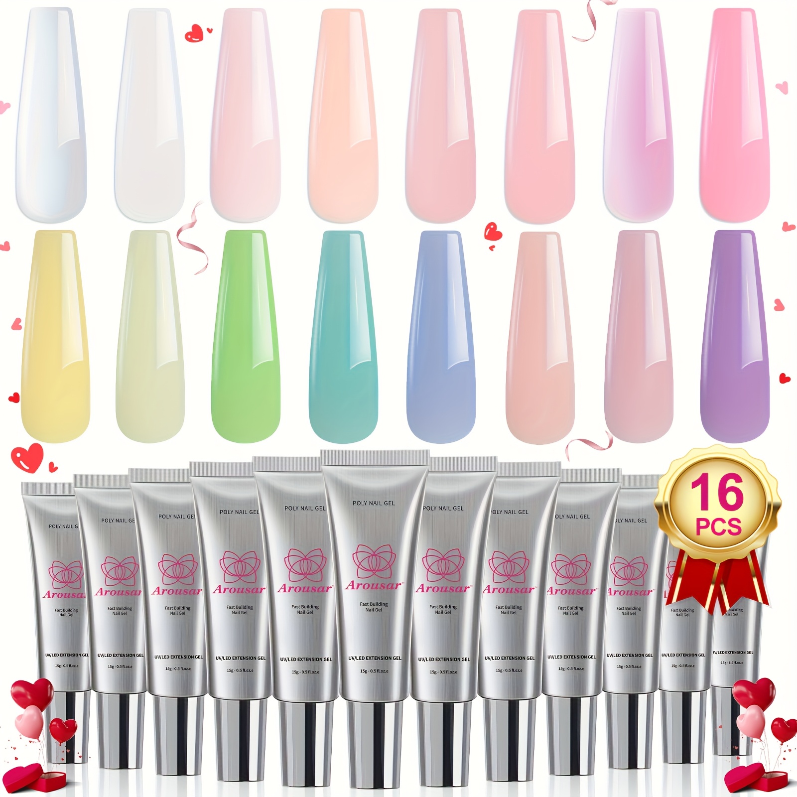 

Ensemble de 16pcs de Gel Poly pour Ongles Arousar, Gel d'Extension d'Ongles Rose Vert Jaune Violet pour Débutants et , Art des Ongles DIY pour la Saint-Valentin, Salon à Domicile Incluant