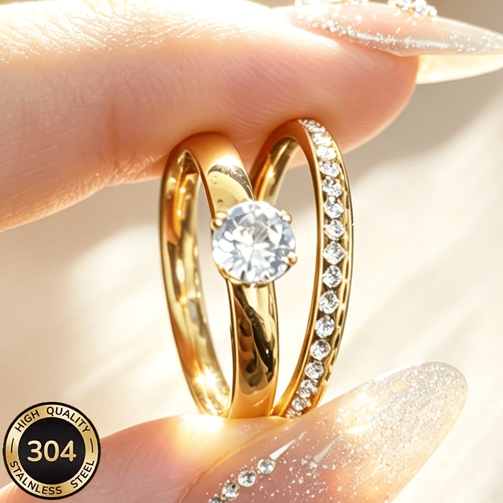 TEMU 2pcs Set 304 Stainless Steel 18k Gold-plated Stackable Ring Set, Exquisitely Elegant And Stylish For Women, Waterproof And Fade-resistant,