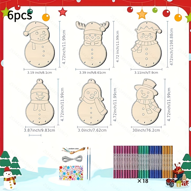TEMU 6pcs Wooden Wind Chimes - Snowman Christmas Holiday Craft Kit, Unfinished Wooden Snowman Ornaments For Winter Decorations, Assorted Snowman