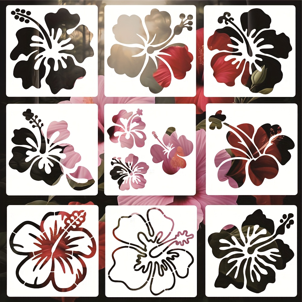 E-shop 9 Stück Hibiskus Schablonen 5,9 Zoll Tropische Blumen Zeichnungs Vorlagen Hawaii Blumen Malerei Schablonen für Sommer Kunst Handwerk Zuhause