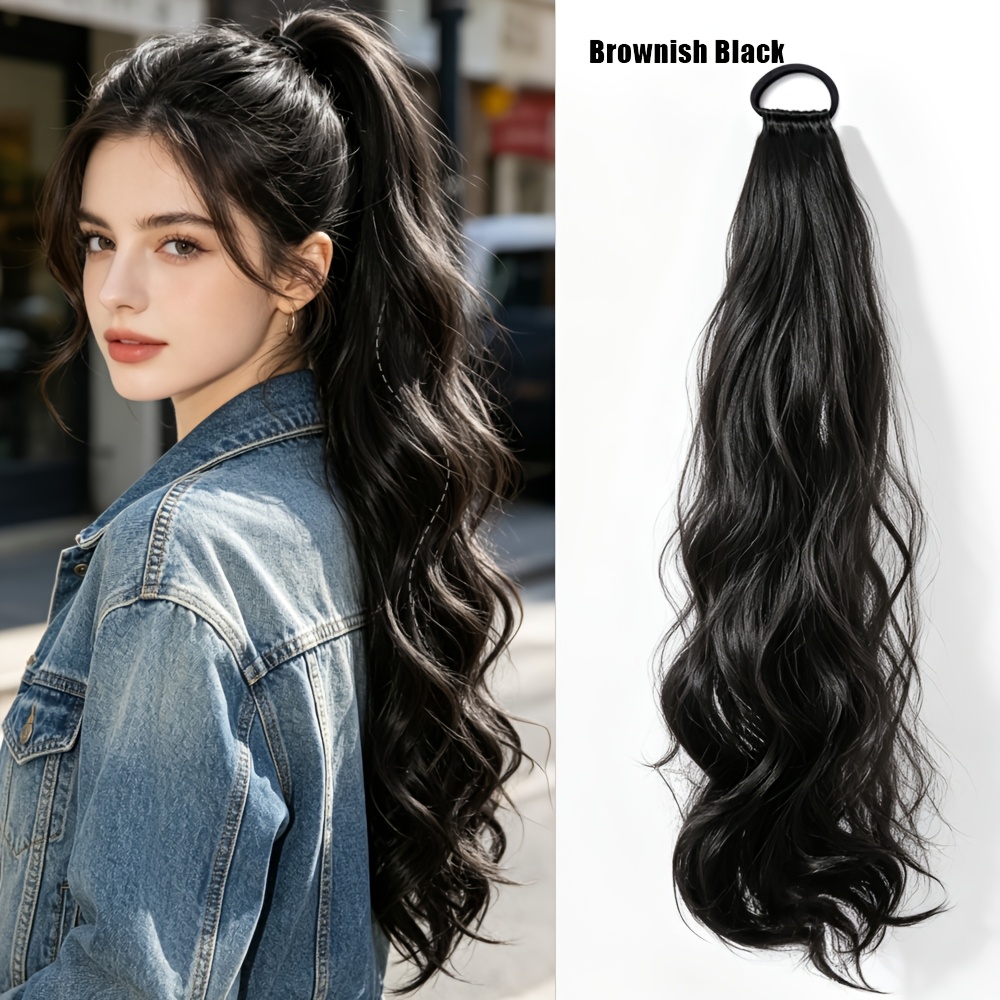 TEMU 24-inch Long Wavy Ponytail Hair Extension, Elastic Band Synthetic Hairpiece, Looking Curly Ponytail Wig For Women' Styling
