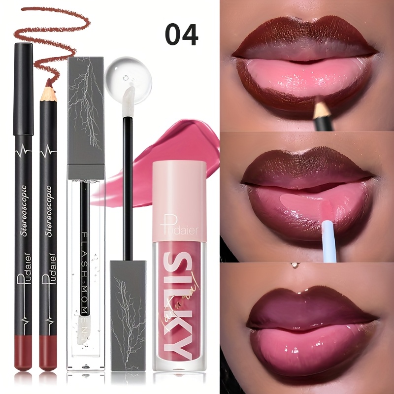 Image of 3pcs Lip Gloss Set - Waterproof Long-lasting Lip Liner, Matte Lipstick Lip Oil, Glossy Effect, Suitable For Types
