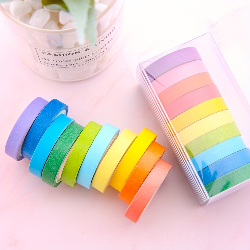 

10 Rolls Rainbow Style Cartoon Japanese Simple Macaron Paper Material Diy Scrapbooking Tape, Non-waterproof, Plastic Surface Recommended