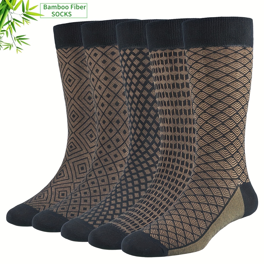 TEMU 5 Pairs Men's Bamboo Mid-calf Socks - Business & Casual, Breathable, Moisture-wicking, Suitable For