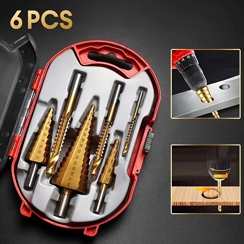 

6pcs Kiteoage Titanium Plated Steel Step Drill Bit Set, Serrated For Quick Cutting, Precision Tools With Storage Case For Metal, Tile, Glass & Diy Projects