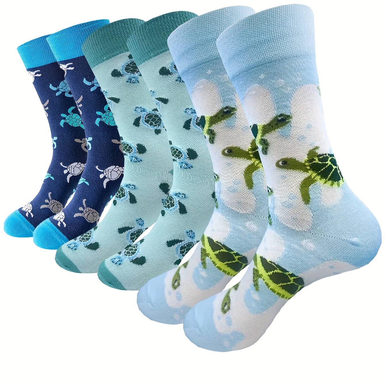 

3 Pairs Unisex Knee-length Sea Turtle Pattern Socks, 100% Polyester Knit Fabric, Animal Design, Hand Washable