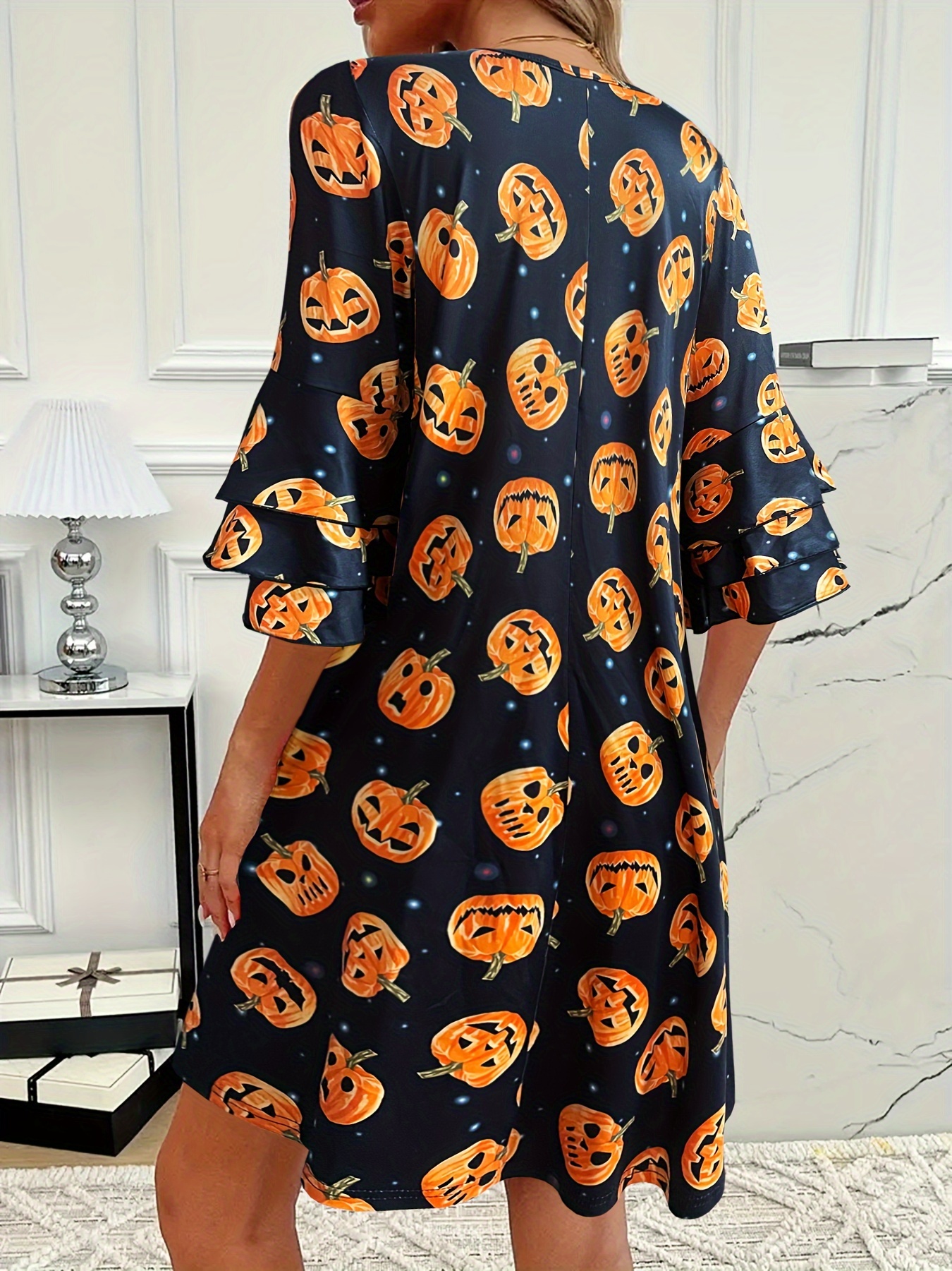 new halloween pumpkin print dress sleeves women - Temu Switzerland