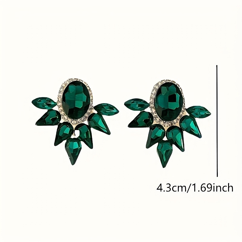 Trendy Green Rhinestone Geometric Stud Earrings, Bold Fashion Statement