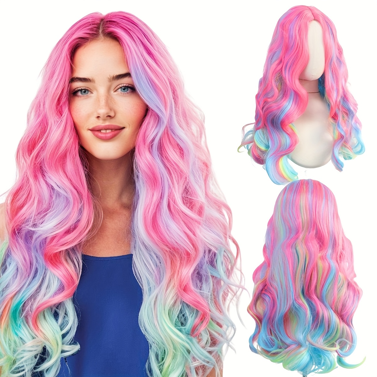 Pink Blue Curly Wig High Temp Fiber Wavy for Cosplay & Costume Use Amazon.com: BERON Rose Ombre Blue Wigs Long Wavy Wig for  main image 3