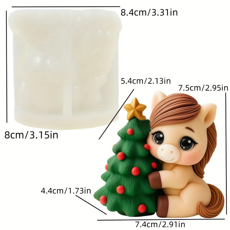 Image of Cute Horse Hugging A Christmas Tree Shaped Candle Silicone Mold, Smiling Star Christmas Tree Candle Silicone Mold, Cartoon Horse And Christmas Tree Embracing Resin Silicone Mold, Christmas Gift