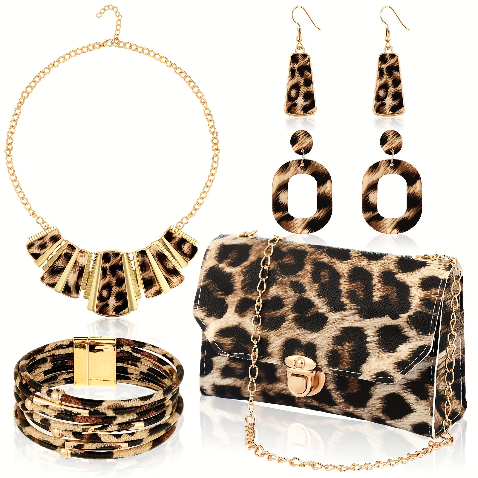 TEMU 5 Pcs Women Leopard Jewelry Set Statement Leopard Clutch Purse Earring Leather Wrap Bracelets Tassel Pendant Necklace