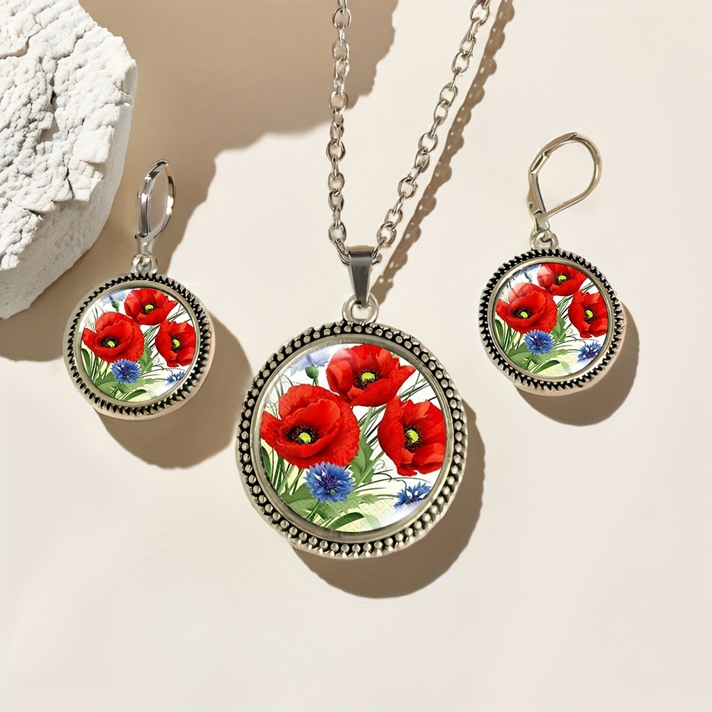 TEMU 3-delige vintage chique set met rode klaproos oorbellen en ketting, paarse lavendel sieraden, elegant bloemdessin voor