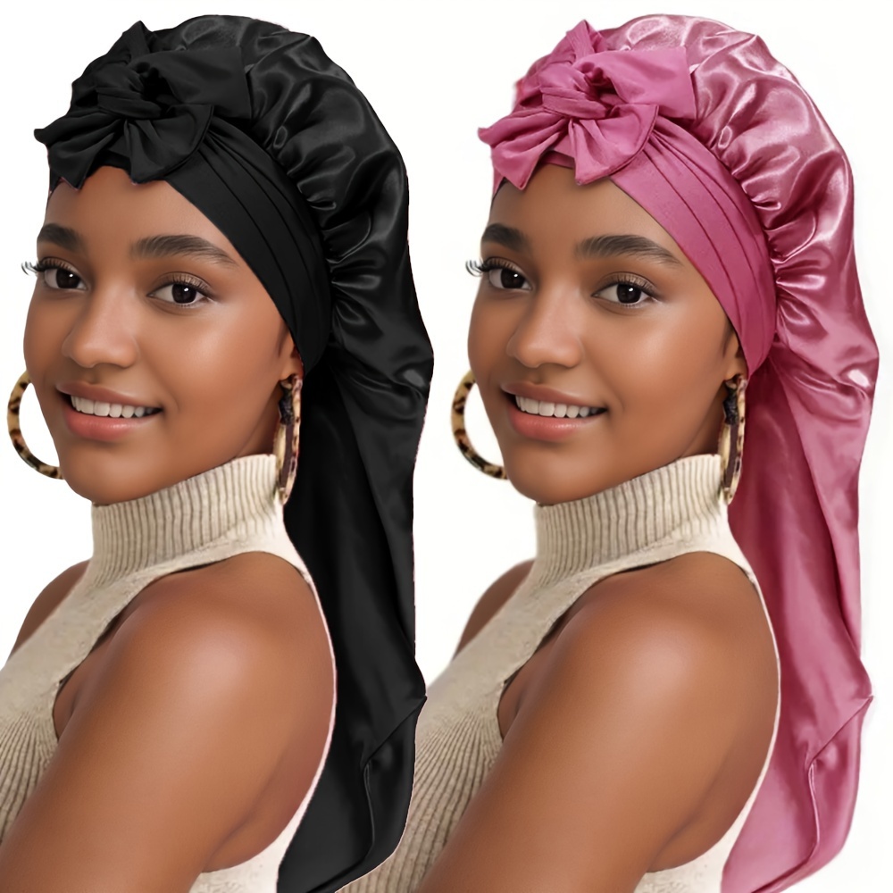 

2-pack Extra Long Tie Satin Sleep Caps, Hair Protection Shower Caps - 100% Polyester Composition