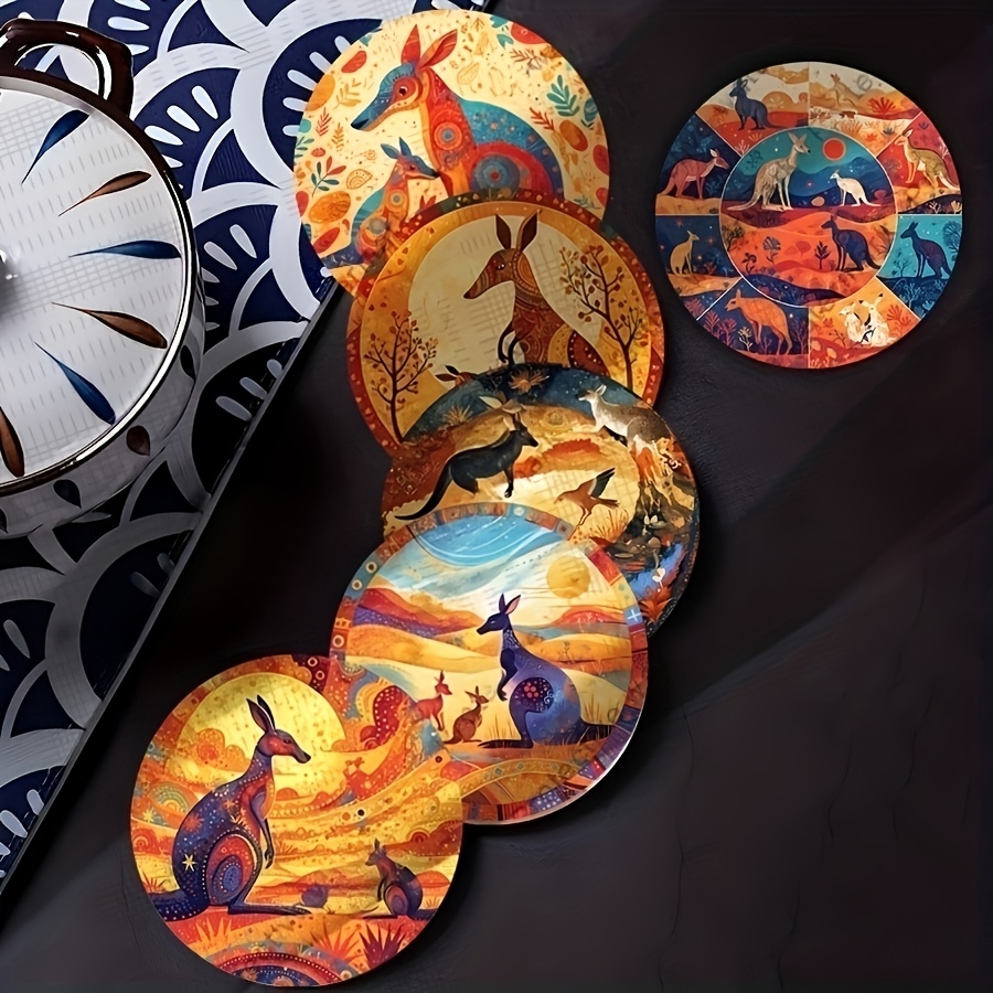 TEMU 6pcs Australian-themed Wooden Coasters With Kangaroo & Suitable For Christmas, Easter, Valentine's Day Gifts - Wood Heat-resistant Round Drink
