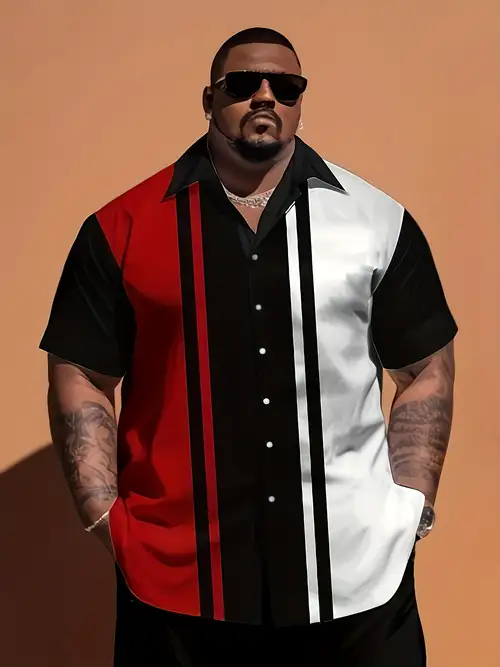 *'s Casual Short Sleeve Shirt - Striped & Solid Color Contrast, Lightweight Breathable Fabric, Regular Fit Button-Up Summer Shirt for Big & Tall Sizes, Machine Washable, Classic Collar Design, PLUS ... *'s Casual Short Sleeve Shirt - Striped & Solid Color Contrast, Lightweight Breathable Fabric, Regular Fit Button-Up Summer Shirt for Big & Tall Sizes, Machine Washable, Classic Collar Design, PLUS ...