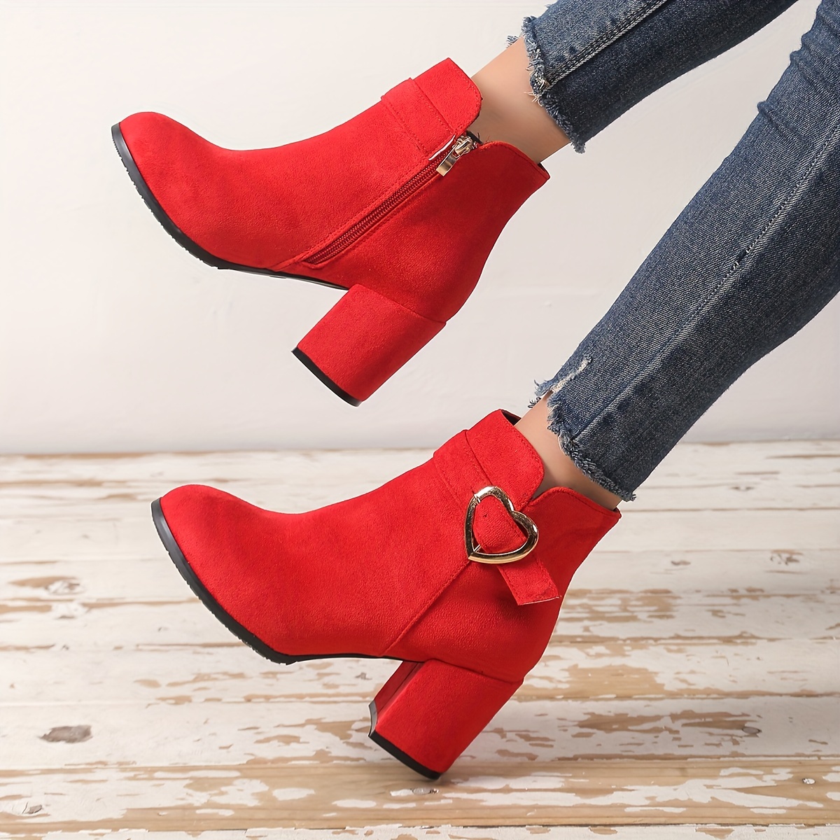 

Chic Red Heart Ankle Boots For Women - Side Zip, Comfortable Chunky Heel, Round Toe, Fabric Upper, Female, Fashion, Red Heart , Zipper, Short Boots