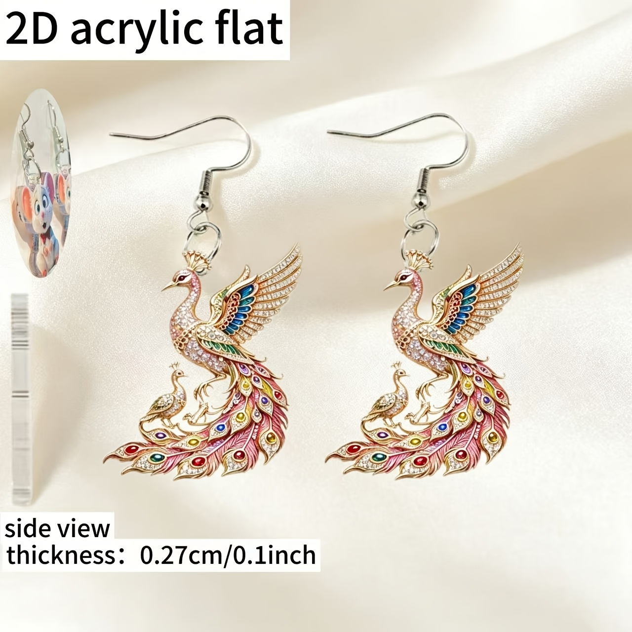 2D Flat Peacock Pattern Christmas Earrings with Charm Pendant
