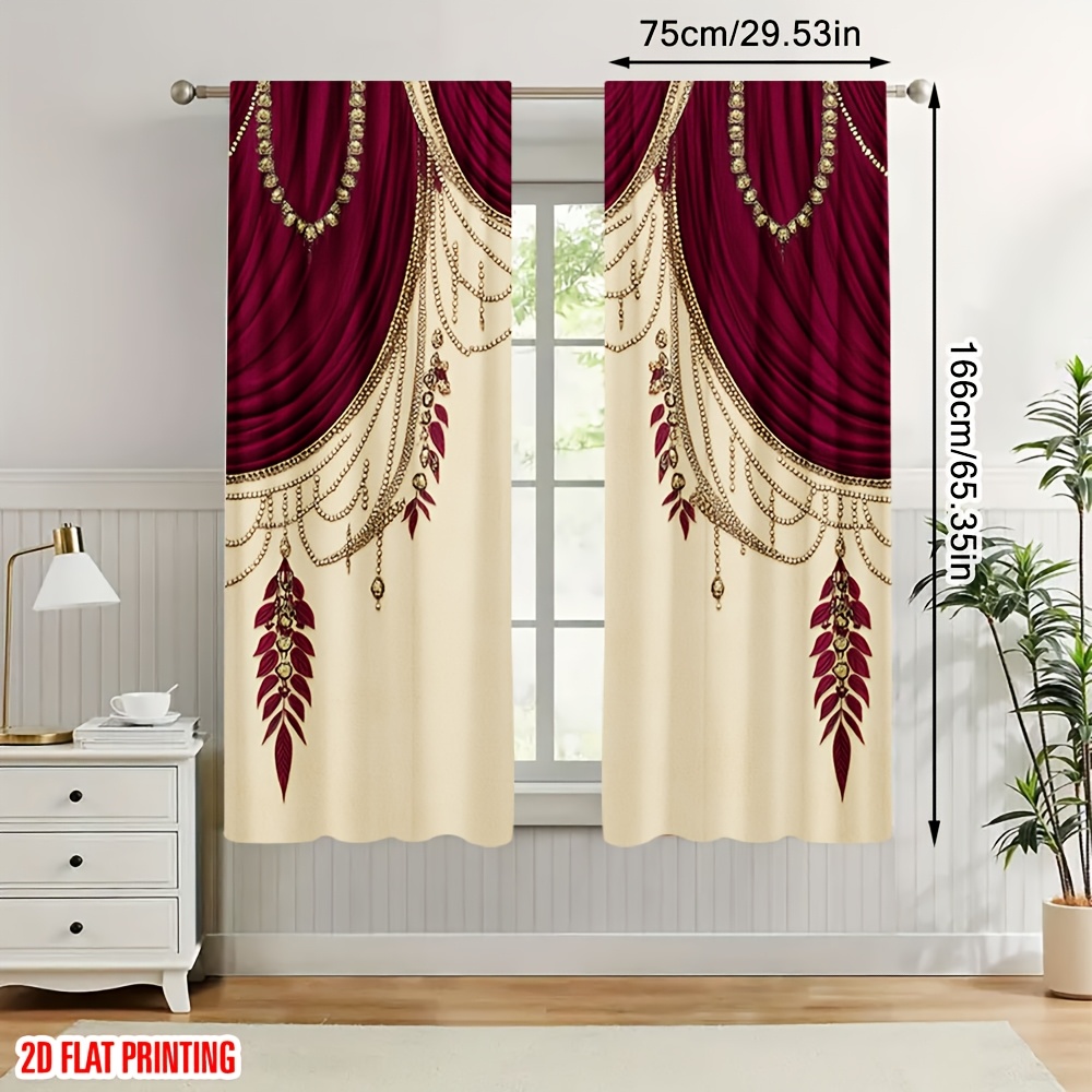 TEMU 2d Flat - 2d Flat - 2d Flat, 2pcs Red Drapery Design Fashionable Print Curtains, Rod Pocket Installation, Perfect For Sunny Dining Room, Cozy