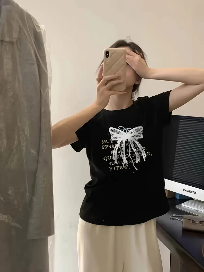 womens fit retro short sleeve t shirt black paradise question your letter print top korean japanese inspired summer casual tee machine washable ladies t shirts clothing classic round neck material everyday outfit lightweight fabric stylish blouse Product details 2
