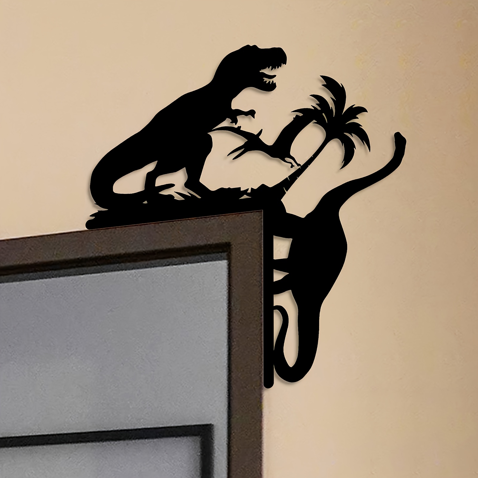 Image of 1pc Iron Wall Art Decor - Classic Dinosaur Silhouette With , Brontosaurus, And - No Electricity Needed, Door Mount For Porch, Ideal For Christmas And Halloween Decoration