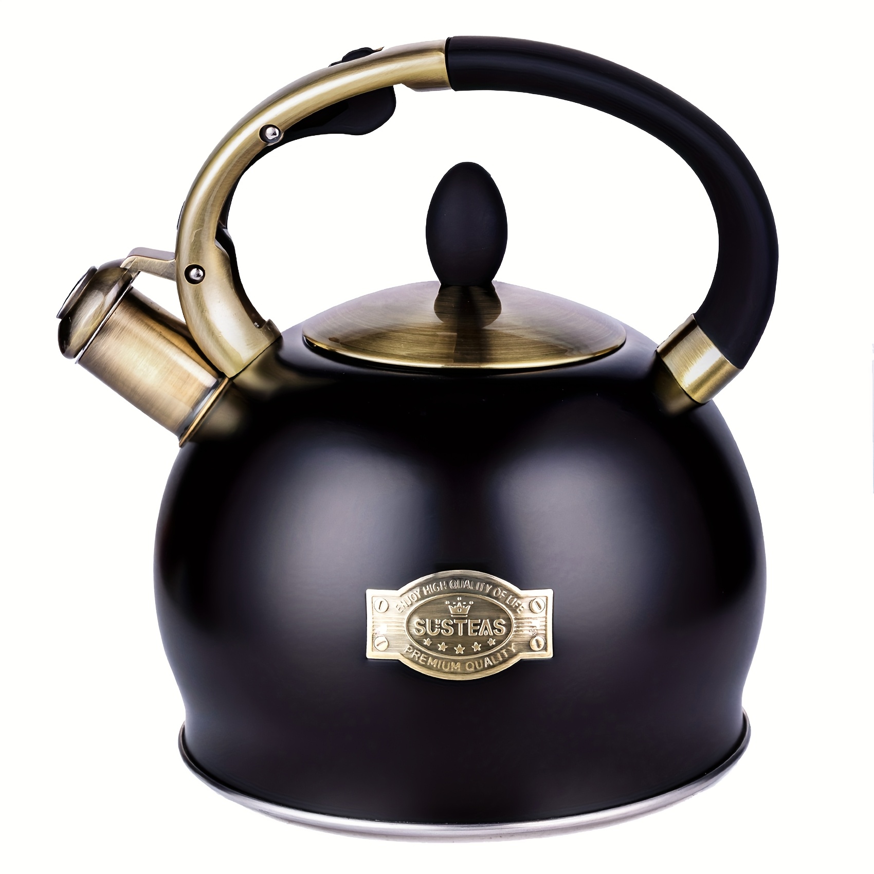 

2.64 Quart Black Stainless Steel Kettle With Golden Accents, Ergonomic Handle & Silicone Pinch Mitt - Ideal For Stove , Stove Top Kettle|classic Teapot|stainless Steel Kettle