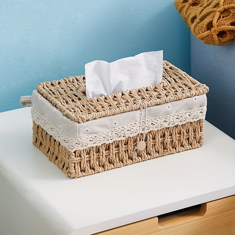 1pc vintage woven tissue box cover with lid - durable wicker-style rectangular storage organizer with open lid & top, beige/brown paper   for living room, dining room, bathroom - decorative & functional home decor, compatible with modern & traditional  , sturdy woven construction,  /brown tones,  , ideal for tissue storage & display Product details 0