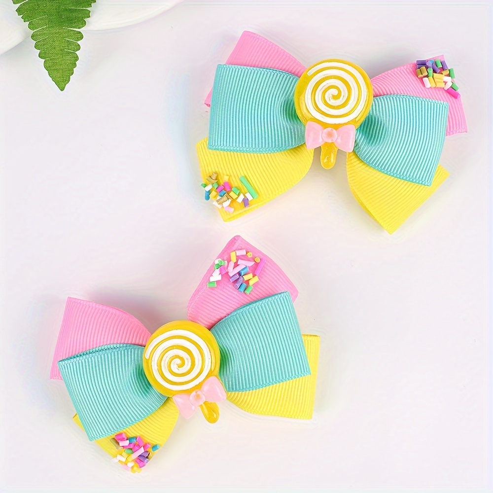 

2pcs Cute Bow Hair Clips, Cartoon Lollipop Design, Non-slip Alligator Clips, Polyester, Fashion Hair Accessories For Little Girls