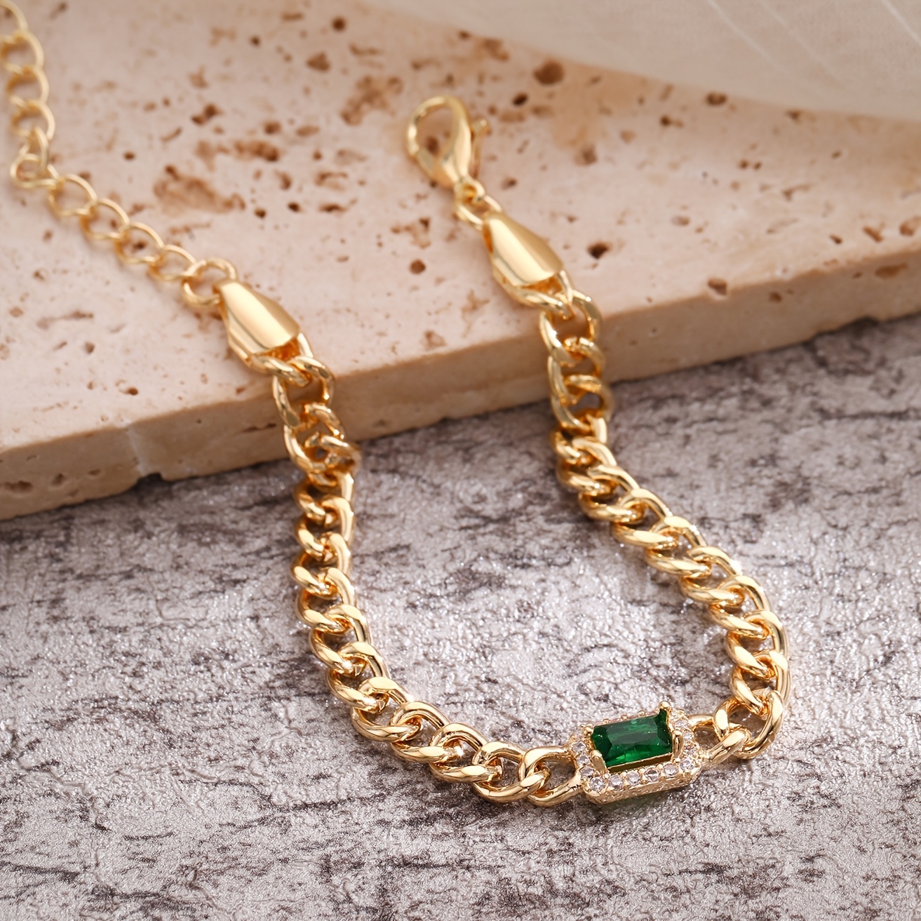 Women's Elegant Rectangular Green Zirconia Chain Bracelet, Daily Wear