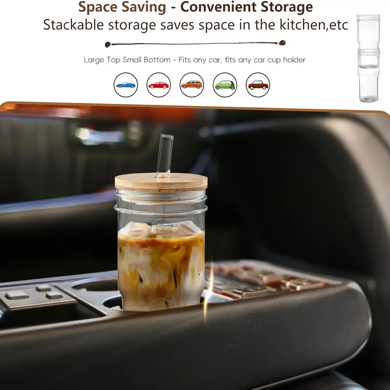 glasses set 18pcs set 4 cups 4 wooden lids 4 plastic lids 4 straws 2 straw brushes 24 oz smoothie glasses boba mason jar wide mouth milk tea cups drinking cups iced coffee glasses Product details 3