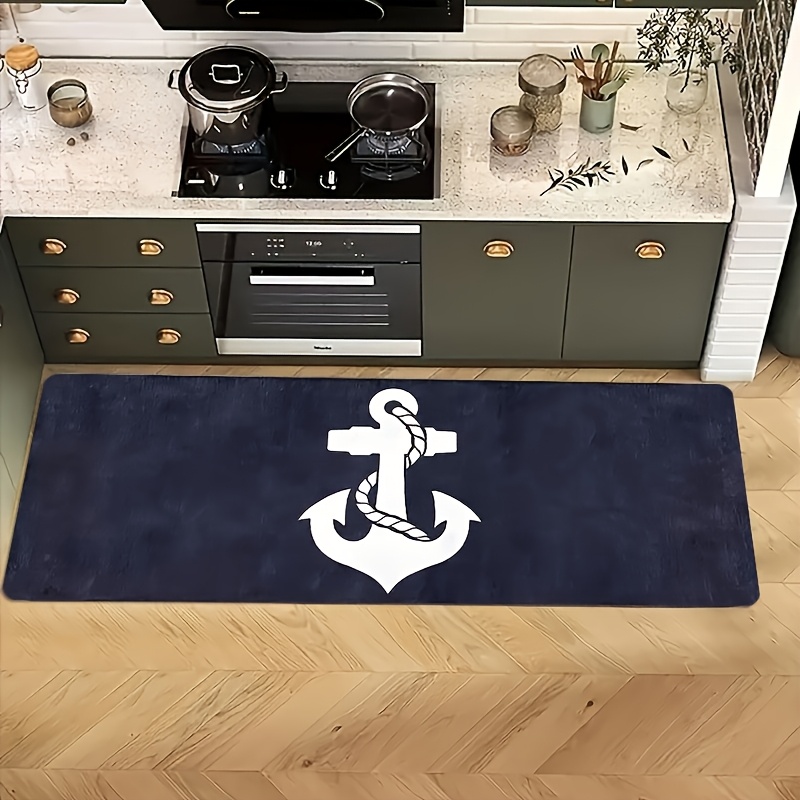 TEMU A Kitchen Floor Mat Featuring A White Anchor Pattern With An Ocean Theme. This Fun, Machine-washable Mat Has A Dotted Plastic Non-slip Backing,