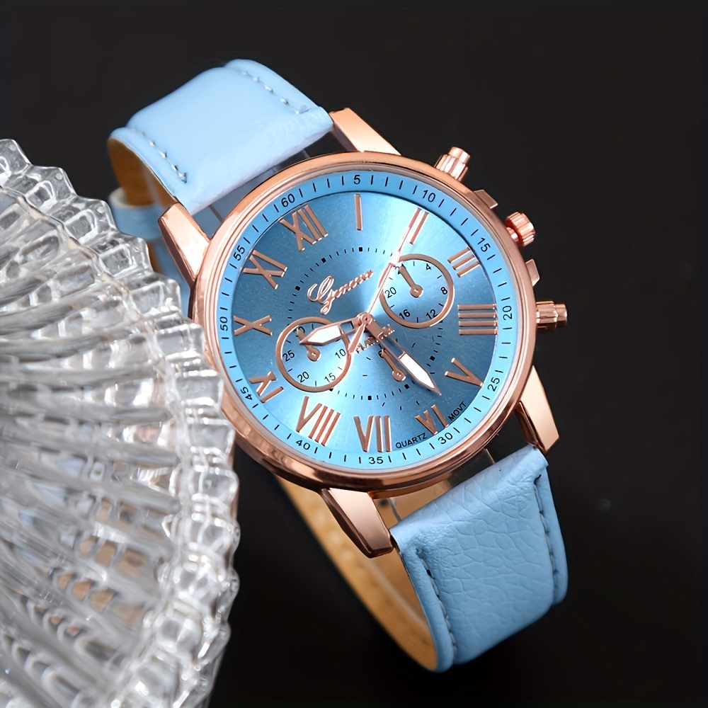 1pc Set of Fashionable Women'S Sky Blue Roman Quartz UP Faux Leather Watch And 5pcs of Heart Sky Blue Accessories Set. Eid, Valentine'S Day, Easter Gift for Mom