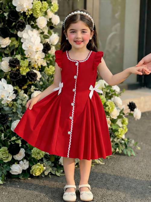 girls summer dress ruffle sleeve dress button front a line dress bow decor casual outfit