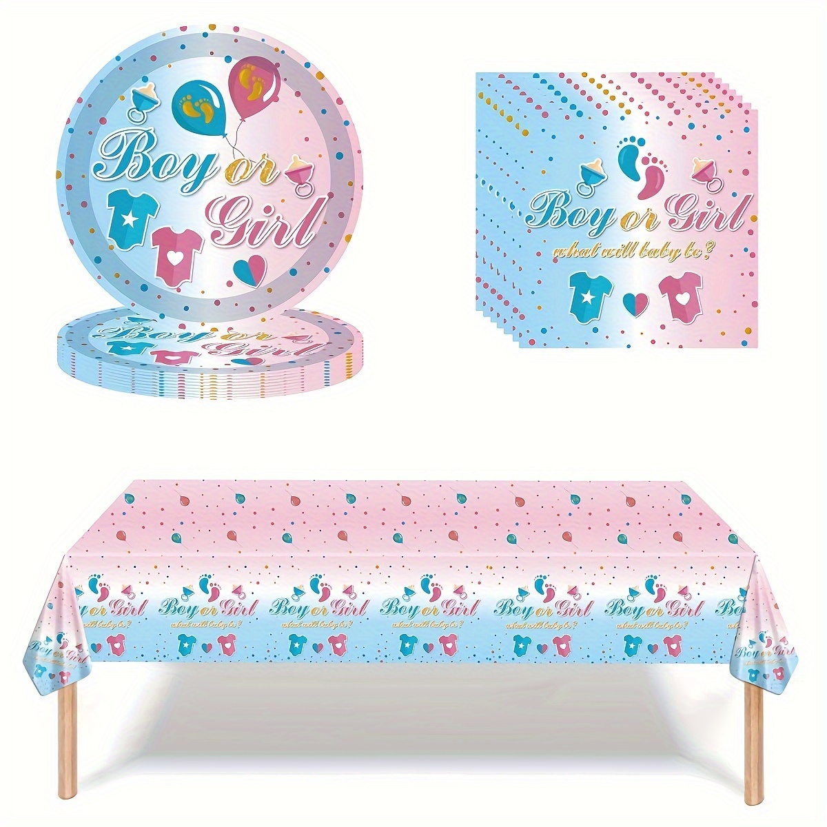 

37-piece Gender Reveal Party Decor Set - Boy Or Girl Themed Disposable Plates, Napkins & Tablecloths With Footprint Design