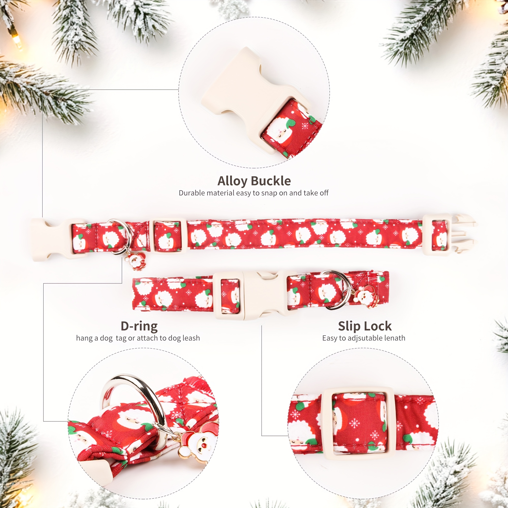 TEMU 1pc Adjustable Dog Collar - Santa & Snowflake Design With Santa Charm, Soft Fabric, Quick-release & Alloy D-ring, Holiday Collar For