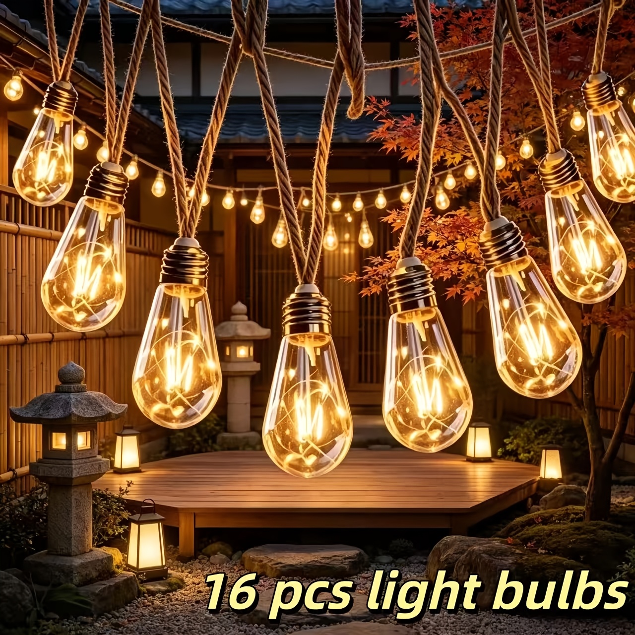 TEMU Guirlande lumineuse solaire d'extérieur à 24/16/8 ampoules, guirlande lumineuse papaye avec corde de jute, lumière de de pour décoration de